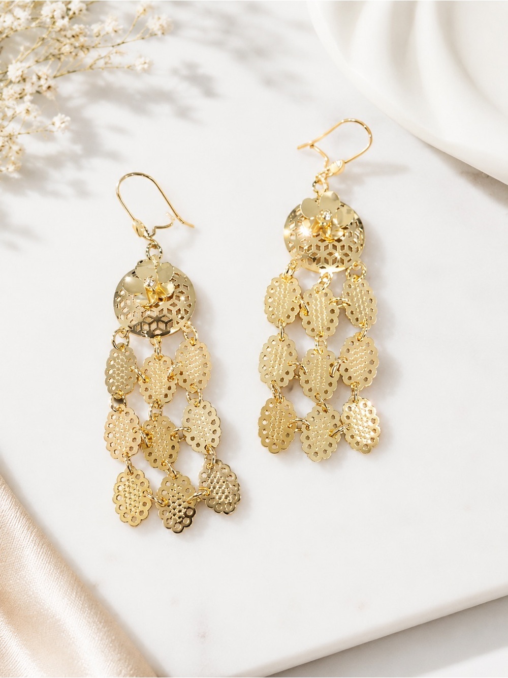 Gold-Tone Floral Filigree Chandelier Dangle Earrings | Elegant Statement Earring